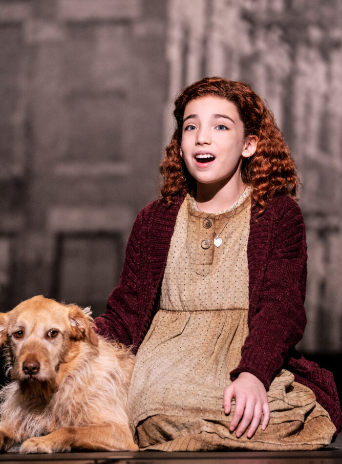 Elsie Pulsifer as Annie and Addison as Sandy the dog in the 2022 Company of Annie (photo by Evan Zimmerman for MurphyMade)